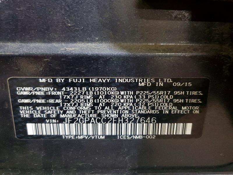 2015 Subaru Xv Crosstrek მანქანა იყიდება აუქციონზე, vin: JF2GPACC2FH327646, აუქციონის ნომერი: 54149536