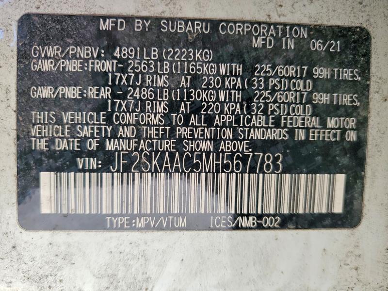 Aukcja sprzedaży 2021 Subaru Forester, vin: JF2SKAAC5MH567783, numer aukcji: 51966166