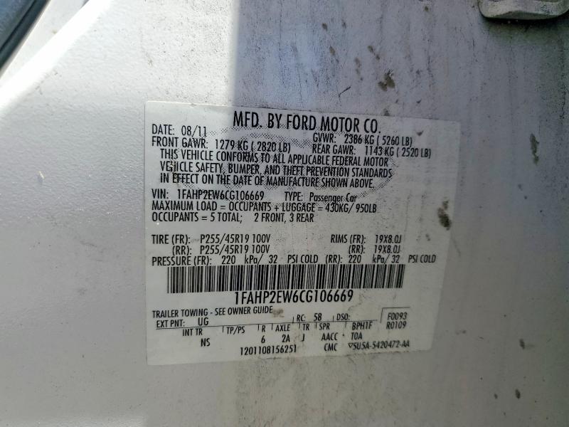 2012 Ford Taurus მანქანა იყიდება აუქციონზე, vin: 1FAHP2EW6CG106669, აუქციონის ნომერი: 53286686