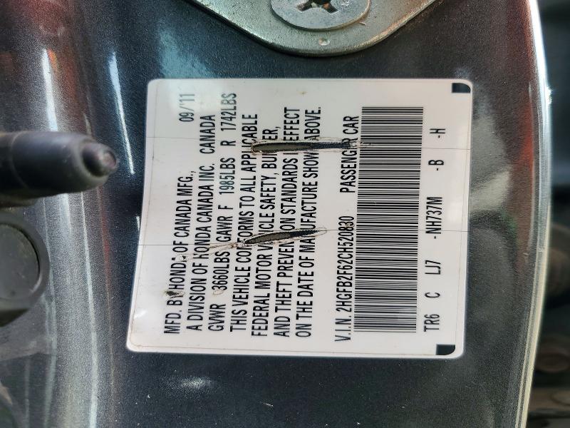 52572206 :رقم المزاد ، 2HGFB2F62CH520830 vin ، 2012 Honda Civic مزاد بيع