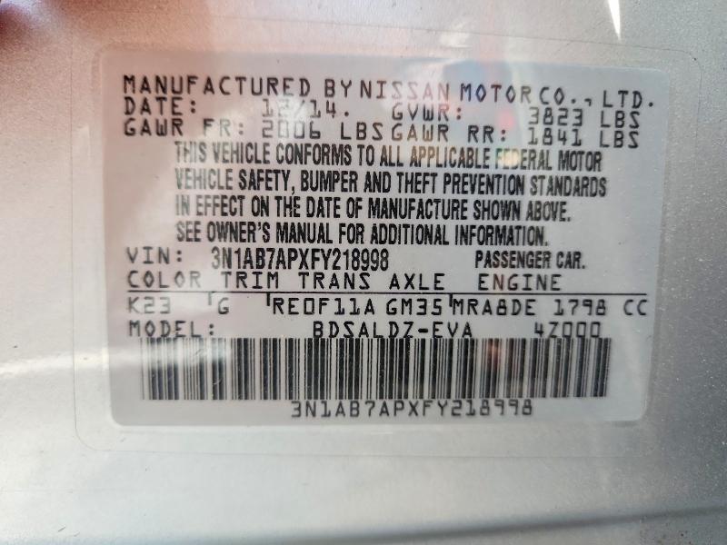 2015 Nissan Sentra მანქანა იყიდება აუქციონზე, vin: 3N1AB7APXFY218998, აუქციონის ნომერი: 53404066
