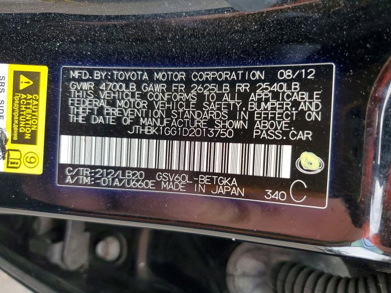 2013 Lexus Es მანქანა იყიდება აუქციონზე, vin: JTHBK1GG1D2013750, აუქციონის ნომერი: 51949506