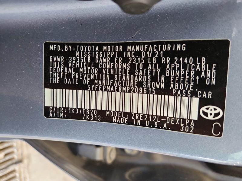 2021 Toyota Corolla მანქანა იყიდება აუქციონზე, vin: 5YFEPMAE8MP209615, აუქციონის ნომერი: 55408886