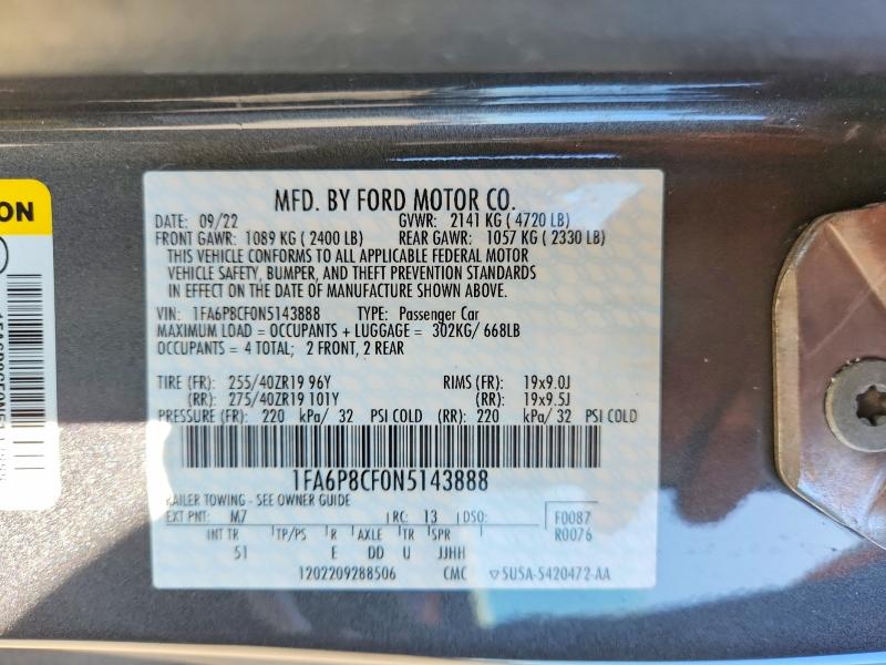 Aukcja sprzedaży 2022 Ford Mustang, vin: 1FA6P8CF0N5143888, numer aukcji: 51851066