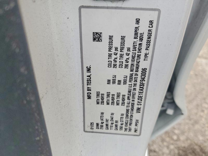 50311056 :رقم المزاد ، 5YJ3E1EAXSF943006 vin ، 2025 Tesla Model 3 مزاد بيع