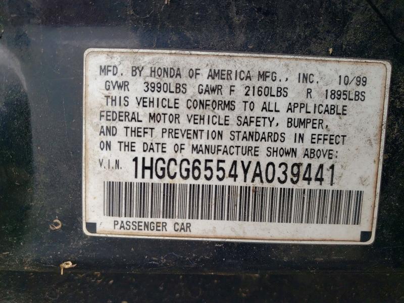 54792276 :رقم المزاد ، 1HGCG6554YA039441 vin ، 2000 Honda Accord مزاد بيع