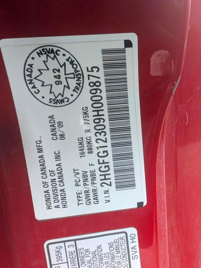 49578086 :رقم المزاد ، 2HGFG12309H009875 vin ، 2009 Honda Civic مزاد بيع