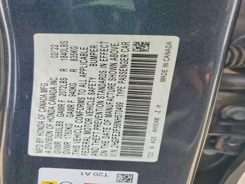 Продажа на аукционе авто 2022 Honda Civic, vin: 2HGFE2F56NH570499, номер лота: 53389076