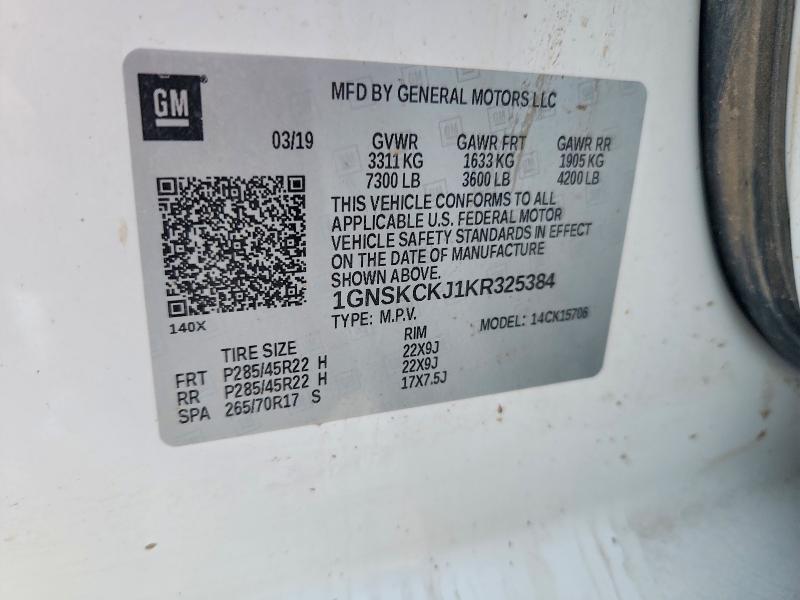 2019 Chevrolet Tahoe მანქანა იყიდება აუქციონზე, vin: 1GNSKCKJ1KR325384, აუქციონის ნომერი: 52009196