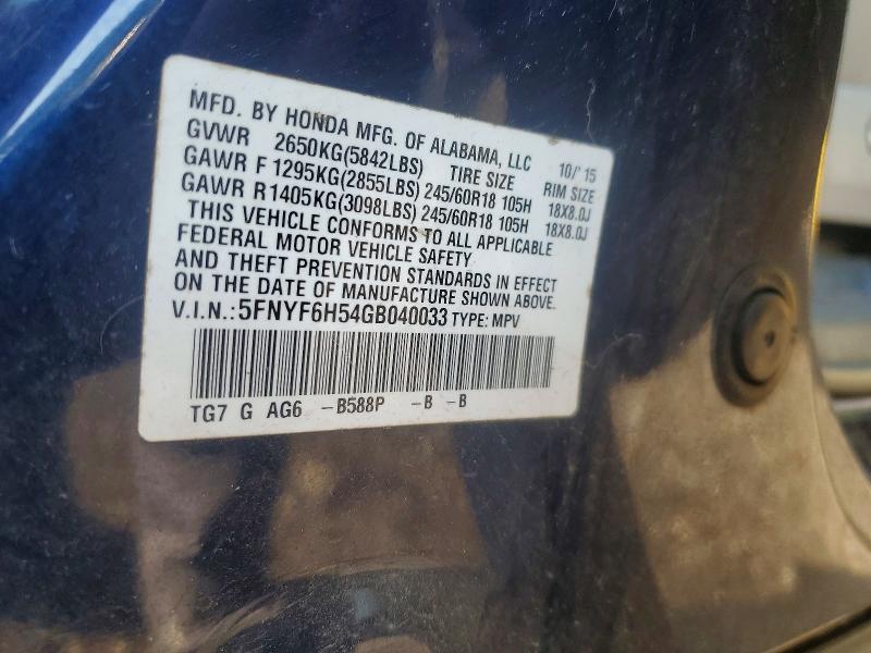 Aukcja sprzedaży 2016 Honda Pilot, vin: 5FNYF6H54GB040033, numer aukcji: 54180476