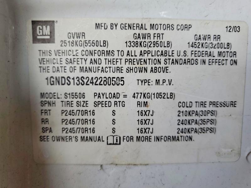 2004 Chevrolet Trailblazer მანქანა იყიდება აუქციონზე, vin: 1GNDS13S242280505, აუქციონის ნომერი: 52287816