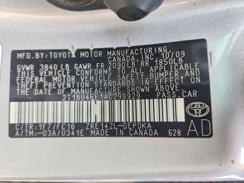Продаж на аукціоні авто 2010 Toyota Corolla, vin: 2T1BU4EE1AC298929, номер лоту: 54774836
