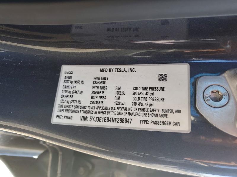 52435096 :رقم المزاد ، 5YJ3E1EB4NF298947 vin ، 2022 Tesla Model 3 مزاد بيع