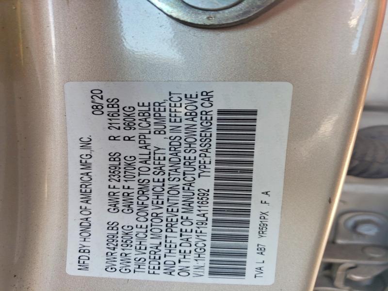 Продажа на аукционе авто 2020 Honda Accord, vin: 1HGCV1F19LA116592, номер лота: 52396366