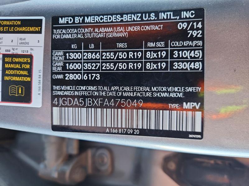 53162366 :رقم المزاد ، 4JGDA5JBXFA475049 vin ، 2015 Mercedes-benz Ml مزاد بيع