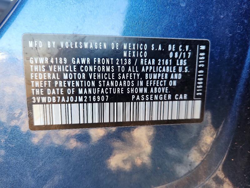 2018 Volkswagen Jetta მანქანა იყიდება აუქციონზე, vin: 3VWDB7AJ0JM216907, აუქციონის ნომერი: 53408516