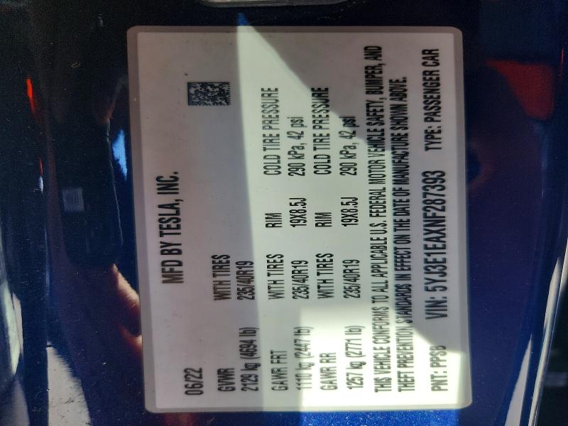 Продаж на аукціоні авто 2022 Tesla Model 3, vin: 5YJ3E1EAXNF287393, номер лоту: 51284786