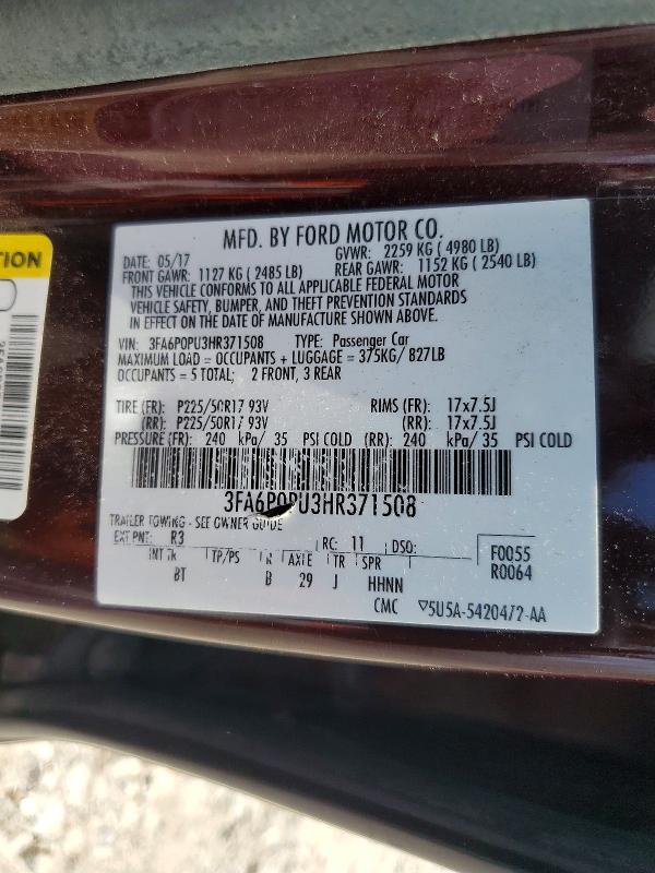 Продаж на аукціоні авто 2017 Ford Fusion, vin: 3FA6P0PU3HR371508, номер лоту: 54348796