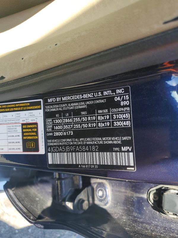 Продажа на аукционе авто 2015 Mercedes-benz Ml, vin: 4JGDA5JB9FA584182, номер лота: 54251776