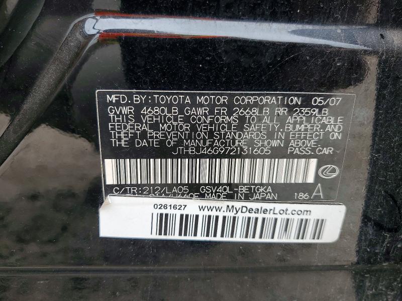 Aukcja sprzedaży 2007 Lexus Es, vin: JTHBJ46G972131605, numer aukcji: 52558136