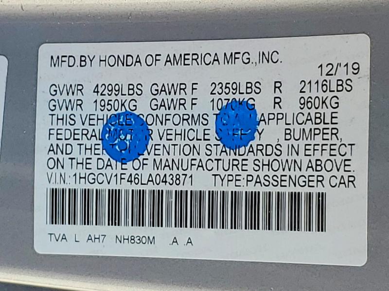 2020 Honda Accord მანქანა იყიდება აუქციონზე, vin: 1HGCV1F46LA043871, აუქციონის ნომერი: 52528266