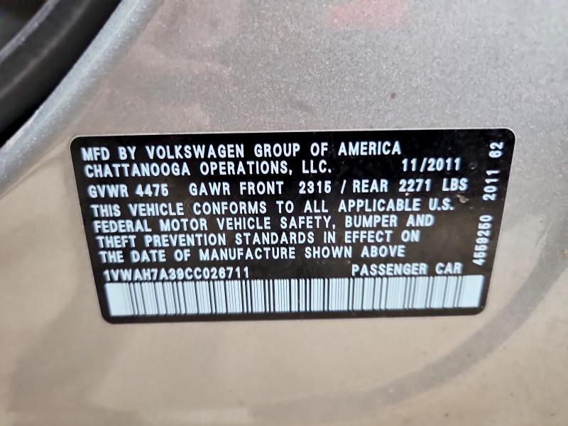 53711026 :رقم المزاد ، 1VWAH7A39CC026711 vin ، 2012 Volkswagen Passat مزاد بيع