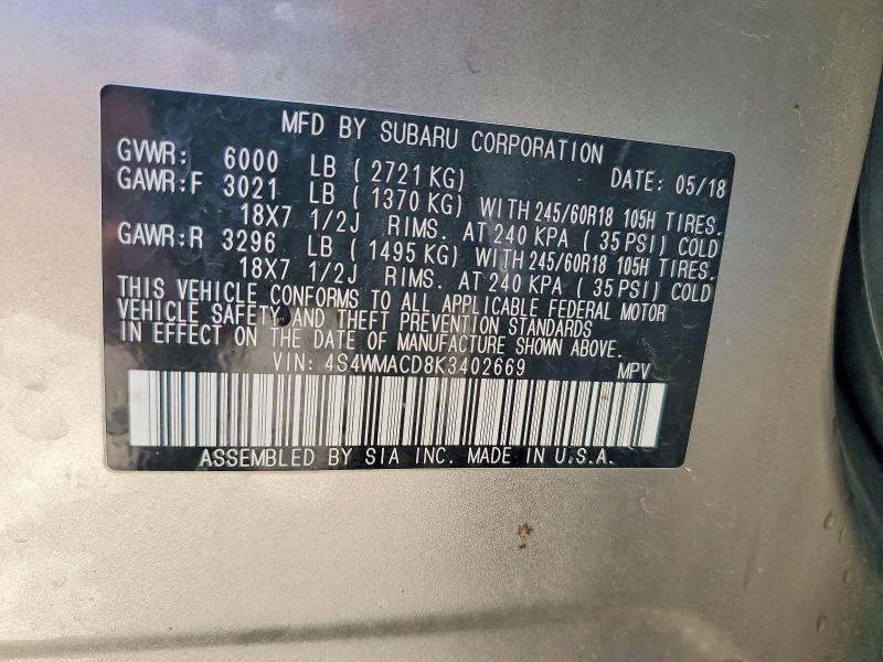 Aukcja sprzedaży 2019 Subaru Ascent, vin: 4S4WMACD8K3402669, numer aukcji: 52371146