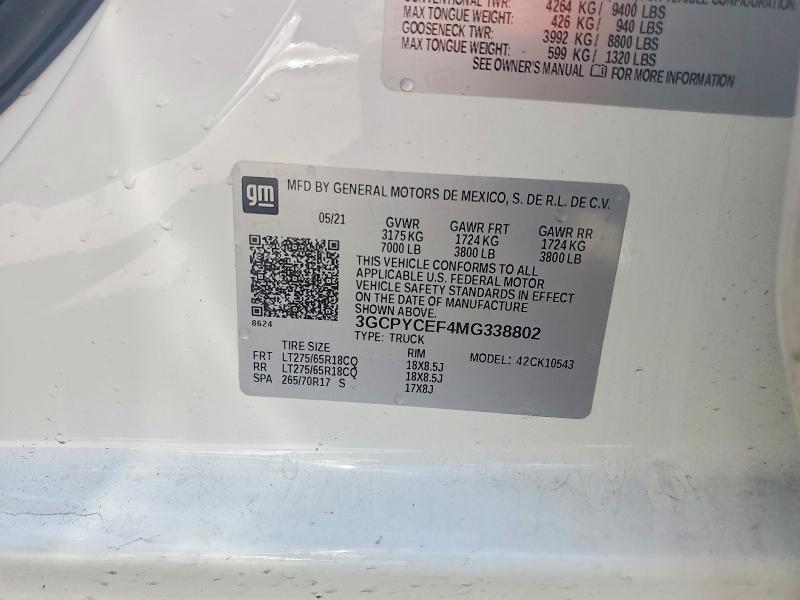 Продаж на аукціоні авто 2021 Chevrolet Silverado, vin: 3GCPYCEF4MG338802, номер лоту: 54450776