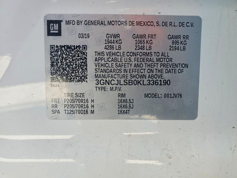 Aukcja sprzedaży 2019 Chevrolet Trax, vin: 3GNCJLSB0KL336190, numer aukcji: 54531146