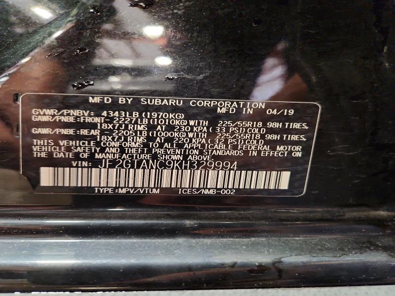 Aukcja sprzedaży 2019 Subaru Crosstrek, vin: JF2GTANC9KH329994, numer aukcji: 54808456