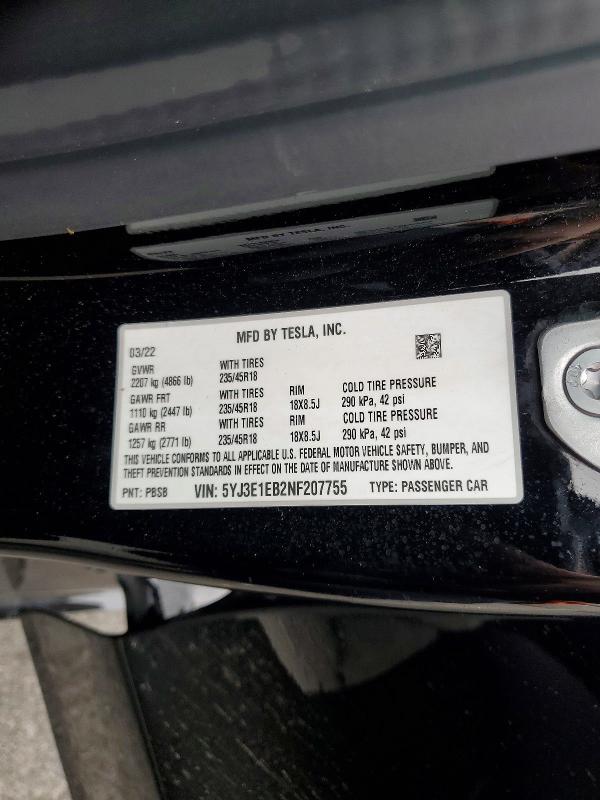 Aukcja sprzedaży 2022 Tesla Model 3, vin: 5YJ3E1EB2NF207755, numer aukcji: 54866676