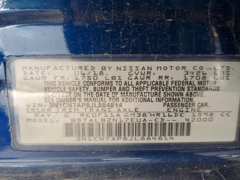 54872156 :رقم المزاد ، 3N1CN7AP8JL884814 vin ، 2018 Nissan Versa مزاد بيع