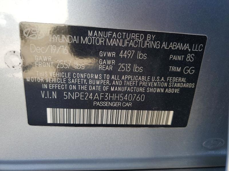 54313536 :رقم المزاد ، 5NPE24AF3HH540760 vin ، 2017 Hyundai Sonata مزاد بيع
