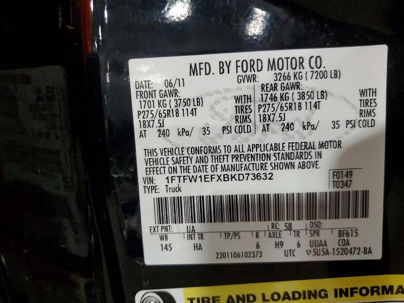 53084076 :رقم المزاد ، 1FTFW1EFXBKD73632 vin ، 2011 Ford F150 مزاد بيع
