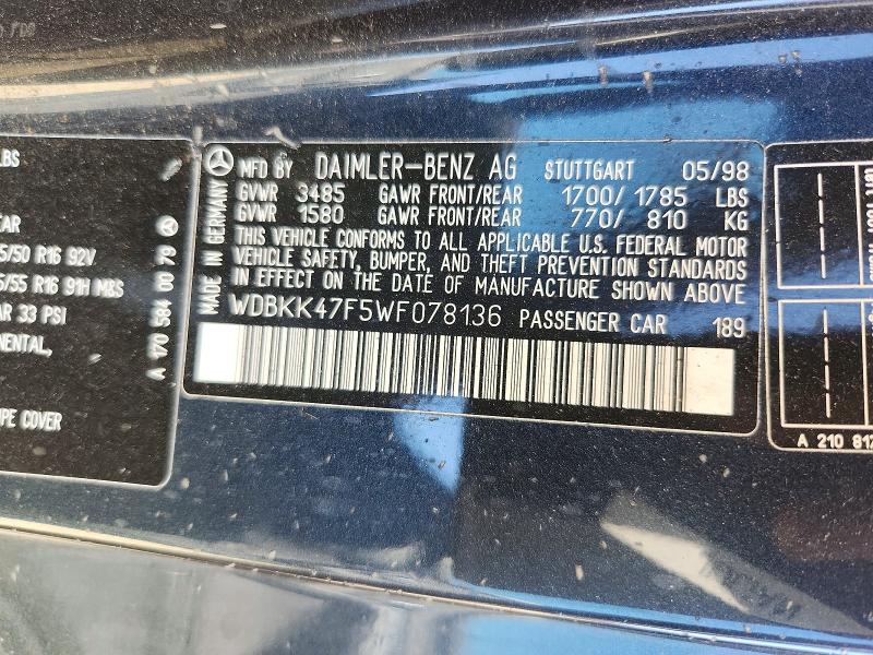 52577506 :رقم المزاد ، WDBKK47F5WF078136 vin ، 1998 Mercedes-benz Slk مزاد بيع