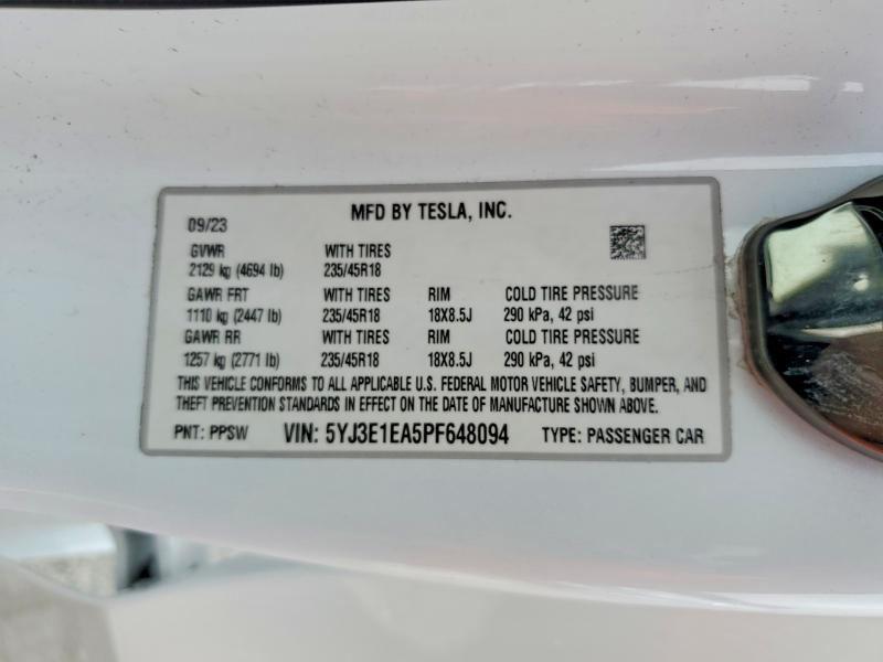 Продажа на аукционе авто 2023 Tesla Model 3, vin: 5YJ3E1EA5PF648094, номер лота: 55153986
