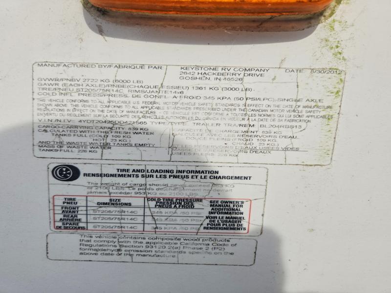 54423566 :رقم المزاد ، 4YDT20425DD421565 vin ، 2013 Keystone Bullet مزاد بيع
