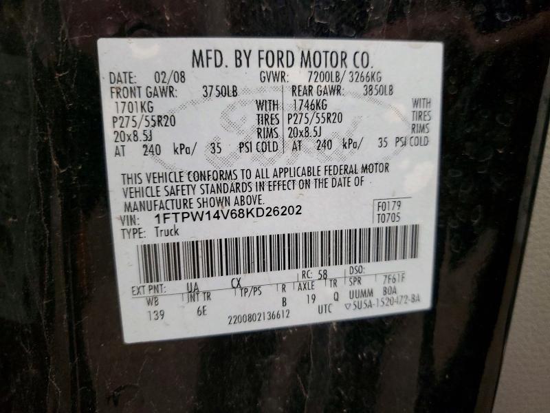 2008 Ford F150 მანქანა იყიდება აუქციონზე, vin: 1FTPW14V68KD26202, აუქციონის ნომერი: 54338586