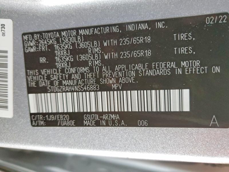 53131856 :رقم المزاد ، 5TDGZRAH4NS546883 vin ، 2022 Toyota Highlander مزاد بيع