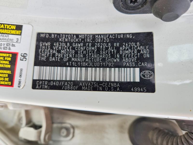 54445556 :رقم المزاد ، 4T1L11BK3LU011792 vin ، 2020 Toyota Camry Le مزاد بيع