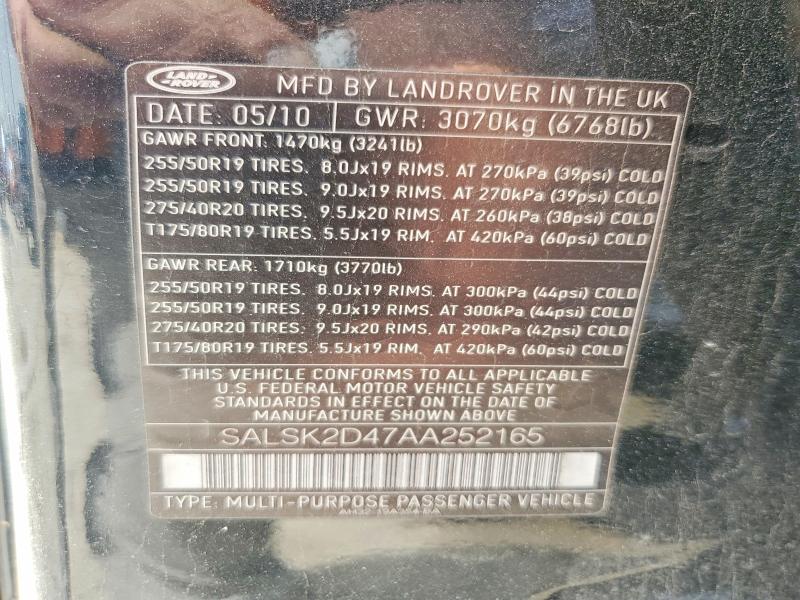 Aukcja sprzedaży 2010 Land Rover Range Rover Sport, vin: SALSK2D47AA252165, numer aukcji: 52209116
