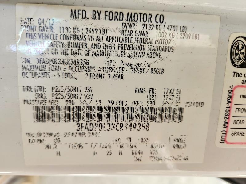 2012 Ford Fusion მანქანა იყიდება აუქციონზე, vin: 3FADP0L33CR349358, აუქციონის ნომერი: 52887856