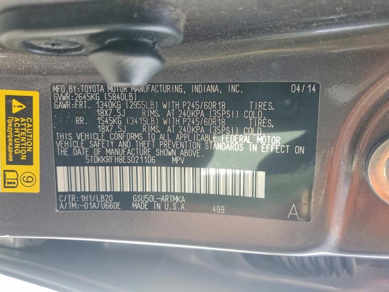 54330706 :رقم المزاد ، 5TDKKRFH8ES021106 vin ، 2014 Toyota Highlander مزاد بيع