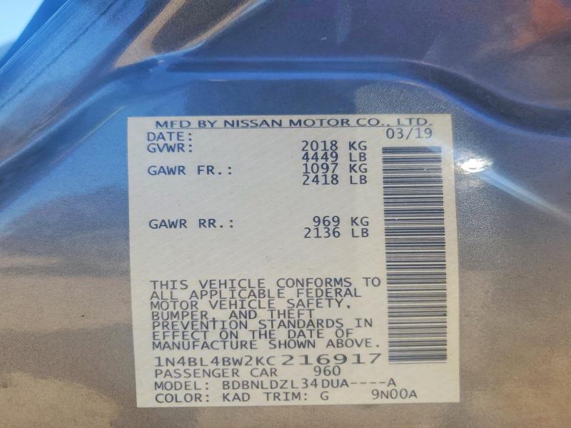 2019 Nissan Altima მანქანა იყიდება აუქციონზე, vin: 1N4BL4BW2KC216917, აუქციონის ნომერი: 53312346