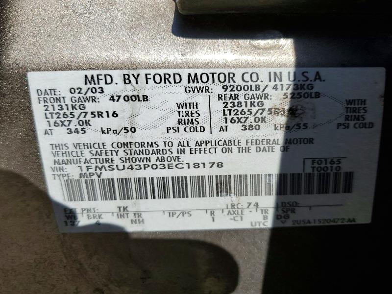 Продаж на аукціоні авто 2003 Ford Excursion, vin: 1FMSU43P03EC18178, номер лоту: 52064986