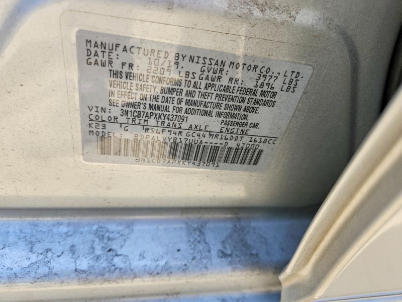 2019 Nissan Sentra მანქანა იყიდება აუქციონზე, vin: 3N1CB7APXKY437091, აუქციონის ნომერი: 53722416