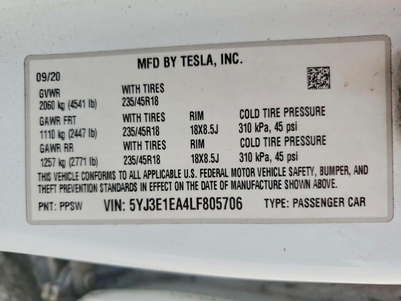 Aukcja sprzedaży 2020 Tesla Model 3, vin: 5YJ3E1EA4LF805706, numer aukcji: 51709736