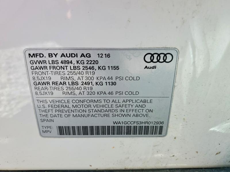Aukcja sprzedaży 2017 Audi Q3, vin: WA1GCCFS3HR012936, numer aukcji: 54501426
