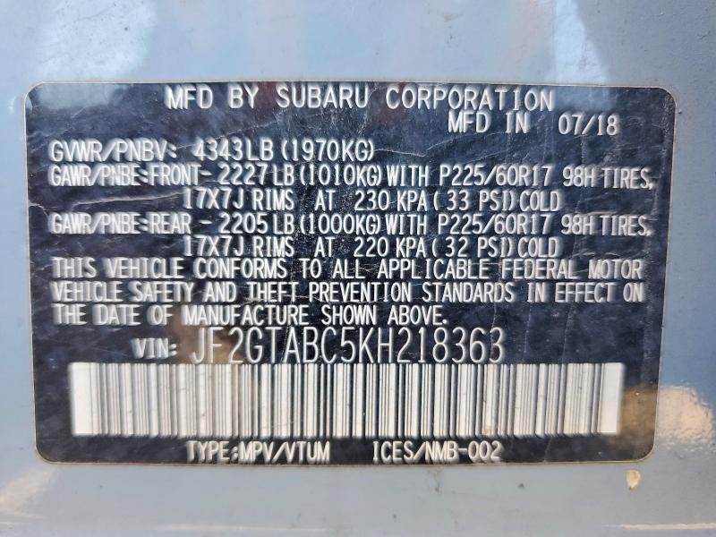 Aukcja sprzedaży 2019 Subaru Crosstrek, vin: JF2GTABC5KH218363, numer aukcji: 52920106