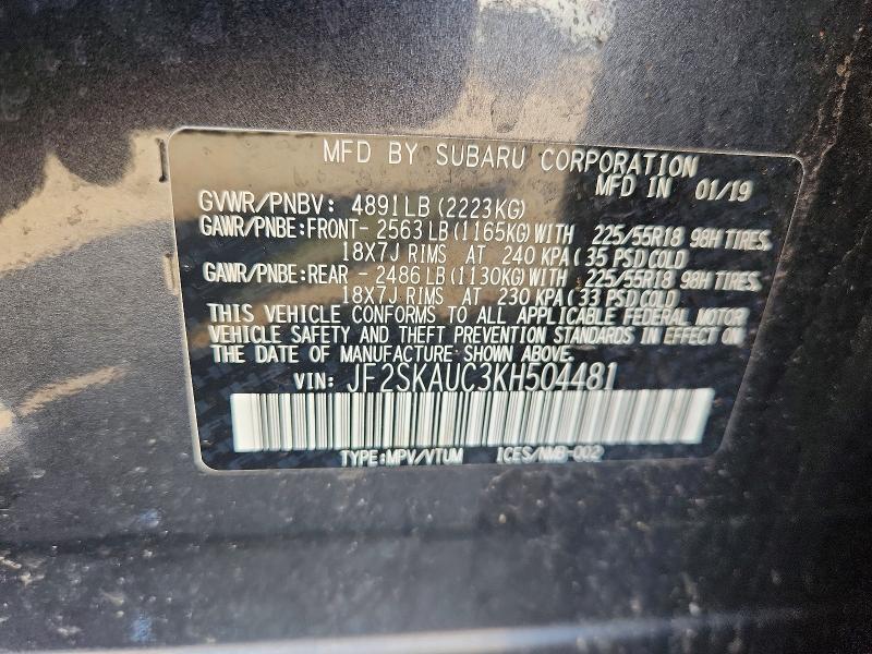 2019 Subaru Forester მანქანა იყიდება აუქციონზე, vin: JF2SKAUC3KH504481, აუქციონის ნომერი: 52229476